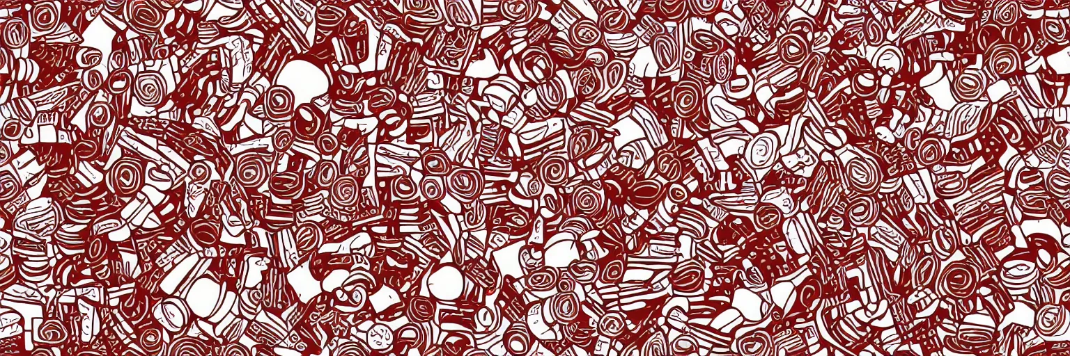 Image similar to seamless pattern, coffee and musical instrument, vector, line art, red and white,