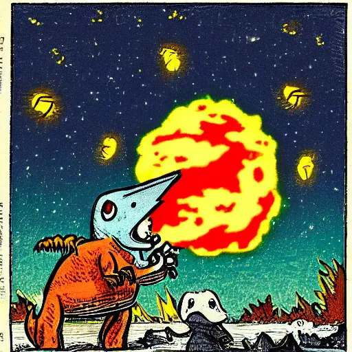 Image similar to a newspaper cartoon with dinosaur characters looking into their phones as a flaming comet lights up the sky