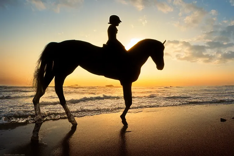 Image similar to A clockwork horse riding wild along the beach at sunset, 35mm, kodachrome, 4K UHD image