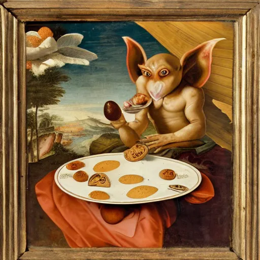 Image similar to a goblin bird with a plate of eggs and cookies, renaissance painting,