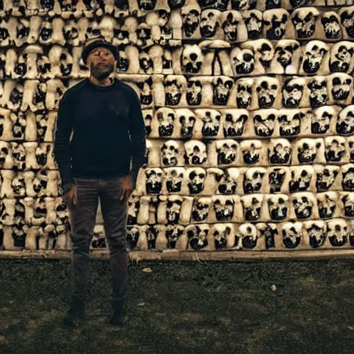 Prompt: a man standing in front of a hut made of skulls, photo, detailed, 4k