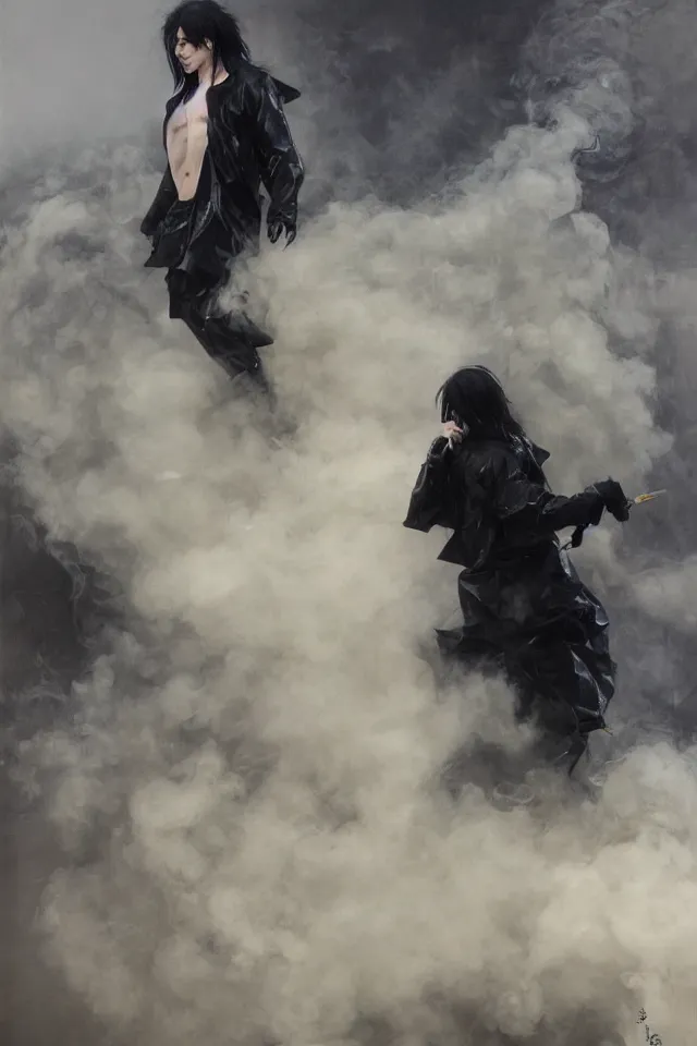 Prompt: painting of a man with pale skin and long-black hair, latex suit and raincoat, floating in smoke, in the style of ruan jia and yoshitaka amano