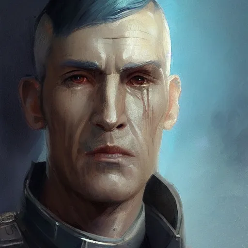 Image similar to portrait of a man by greg rutkowski, great admiral thrawn from star wars, blue skin, short black hair in military style, tall, star wars expanded, universe, he is about 5 0 years old, wearing white colored imperial admiral uniform, artstation hq