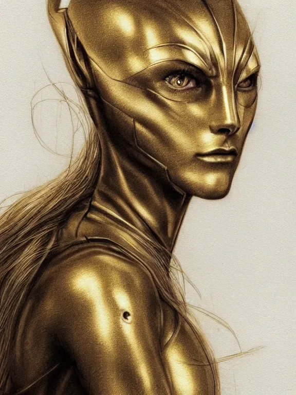 Image similar to golden pencil drawing of beautiful robot - cat woman face, goddess, beautiful blonde hair flying in the wind, hyper realistic face, in the style of greg rutkowski, beksinski, fantasy, amazing detail, epic, elegant, smooth, sharp focus, from the front, octan render