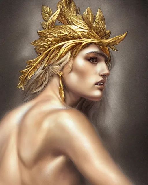 Image similar to front view of beautiful super model aphrodite greek goddess wearing a gold laurel wreath and triangle earrings, realism tattoo sketch, beautiful piercing eyes with sharp pupils, beautiful blonde hair, in the style of greg rutkowski, fantasy, amazing detail, epic, elegant, smooth, sharp focus