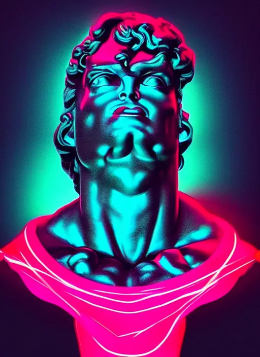 Prompt: statue of hercules, heroic, beeple, vaporwave, retrowave, black background, neon wiring, black, glitch, strong contrast, cuts, pinterest, trending on artstation