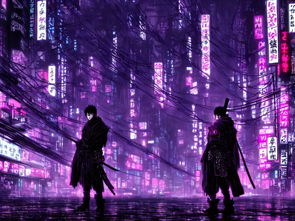 Image similar to high detailed lone dead samurai in a cyberpunk rainy city at night by Kentaro Miura, purple and pink and blue neons, unreal engine, high quality, 4K, UHD, trending on ArtStation, wires, blade runner vibes, ghost in the shell, akira, dorohedoro