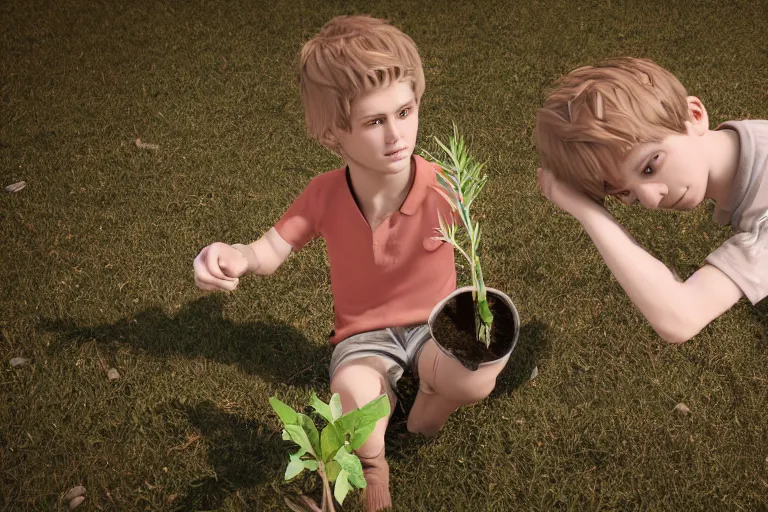 Prompt: a blond boy who has a tree branch for his right arm, planting a flower, Polaroid, Closeup, Closeup-View, Octane render, Unreal Engine