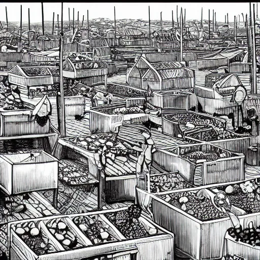 Image similar to a black and white drawing of a busy fish market stretching to the horizon, a storybook illustration by mattias adolfsson, behance contest winner, modern european ink painting, matte drawing, storybook illustration, panoramic, isometric