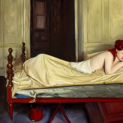 Prompt: painting of emma stone!!! on a victorian bed in a big old room, wide shot by lucian freud