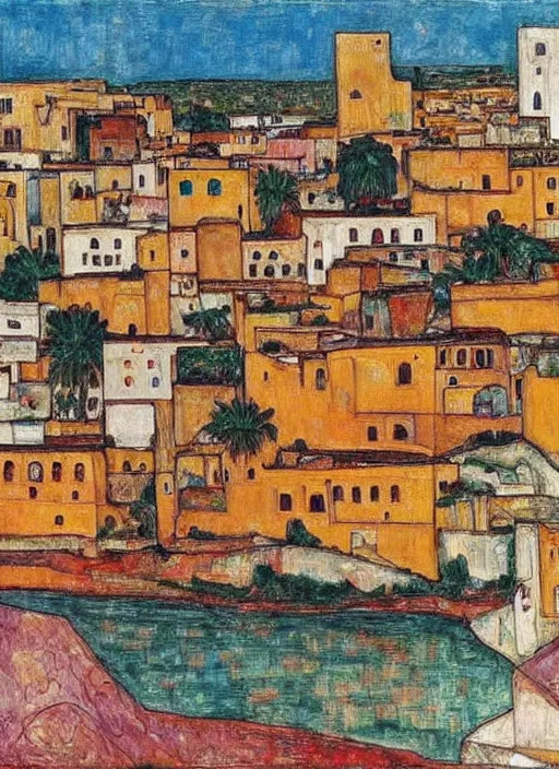 Image similar to small city in morocco with a bridge on local river, ten number house near a lot of palm trees, painting by egon schiele