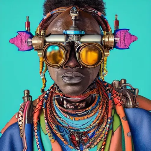 Image similar to colourful vfx upper half - portrait - art of a african tribal chief wearing steam punk goggles, art by utagawa kunisada & james jean, symmetrical, intricate detail, concept art, volumetric light, ray tracing, caricature, digital illustration, octane 3 d render, unreal engine, sharp, 8 k post process, pinterest, behance, art station,