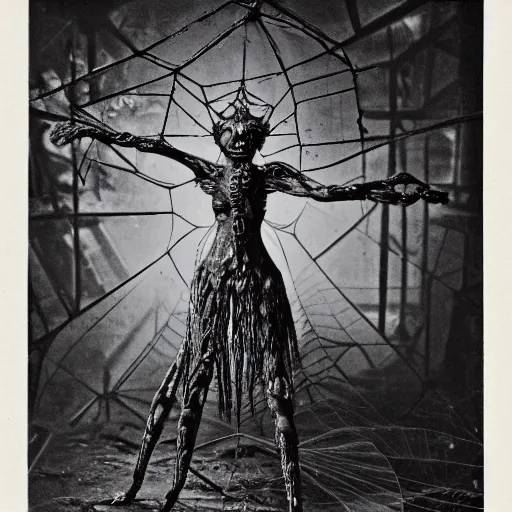 Image similar to 1860 photo of an ancient fractal spider-woman-demon on an abandoned factory on the middle of a forest, spooky , spider webs, devouring the human soul, veins, arteries, intricate, golden ratio, full frame, microscopic, elegant, highly detailed, ornate, ornament, sculpture, elegant , luxury, beautifully lit, ray trace, 3d, PBR