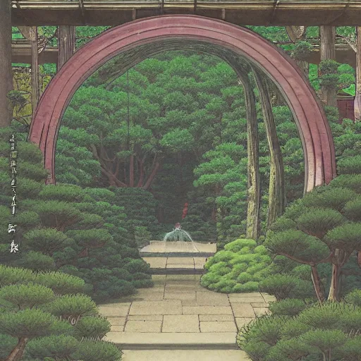 Prompt: a portal in a mysterious garden filled with spherical plants, artwork by Hasui Kawase, trending on art station