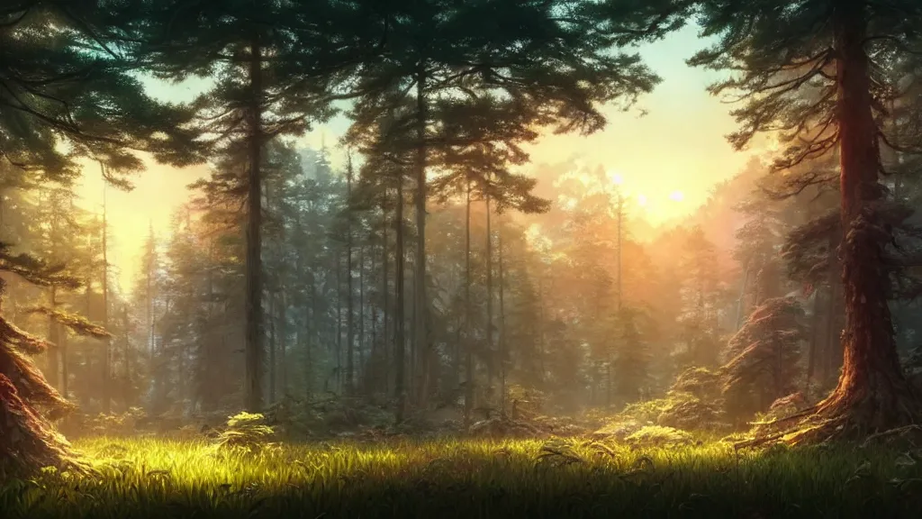Prompt: forest clearing landscape, sunset, studio ghibli, pixar and disney animation, sharp, rendered in unreal engine 5, highly detailed, digital painting, artstation, concept art, smooth, sharp focus, illustration, wide angle, artbook, wallpaper, splash art, promo art, dramatic lighting, art by artgerm and greg rutkowski and bo chen and jin xiaodi