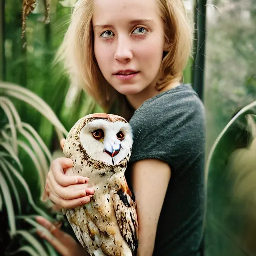 Prompt: aero ektar lens. shallow depth of field. portrait photograph of an extremely beautiful!!!! young blonde female. with a very detailed barn owl! on her shoulder., petzval lens. symetric face. sharp face. in a tropical greenhouse. featured on flickr, art photography, photo taken with provia,