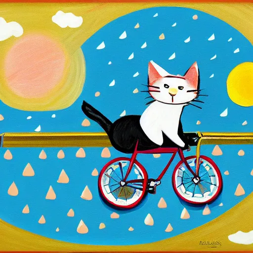 Prompt: painting of a dog riding a bicycle on top of a train, raining, on the surface of the moon, cat in bicycle basket, trending on artstation