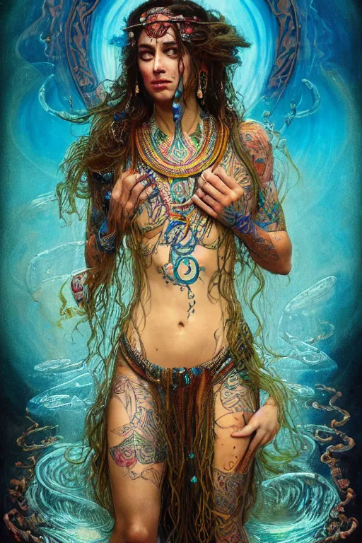 Image similar to a centered full body render of an alluring festival hippy with tribal tattoos surrounded by a underwater ink pour and flowing liquid gallium and sacred geometry, perfect body and face, gorgeous, cinematic, beautifully lit, by gaston bussiere, by karol bak, by donato giancola, 3 d, trending on artstation, octane render, 8 k