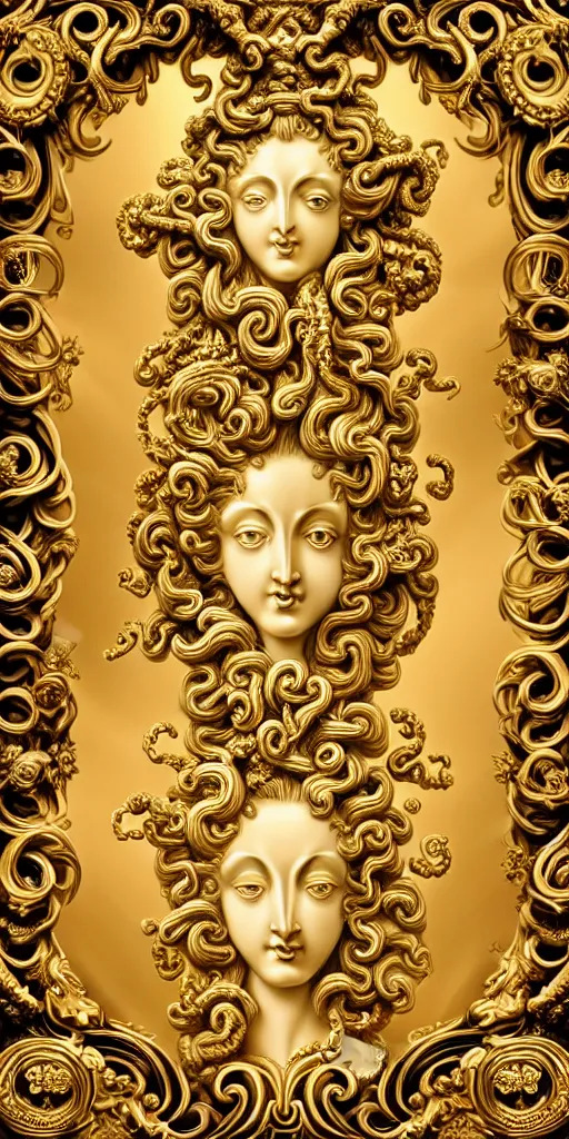 Image similar to the source of future growth dramatic, elaborate emotive Golden Baroque and Rococo styles to emphasise beauty as a transcendental, seamless pattern, symmetrical, large motifs, versace medusa logo in centre, bvlgari jewelry, rainbow syrup splashing and flowing, Palace of Versailles, 8k image, supersharp, spirals and swirls in rococo style, medallions, iridescent black and rainbow colors with gold accents, perfect symmetry, High Definition, photorealistic, masterpiece, smooth gradients, high contrast, 3D, no blur, sharp focus, photorealistic, insanely detailed and intricate, cinematic lighting, Octane render, epic scene, 8K