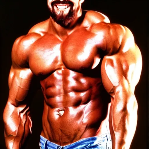 Prompt: jesus with enormous glistening muscles, body builder, smiling, gay