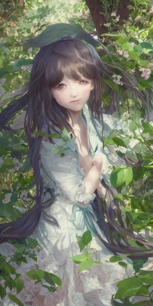 Image similar to a digital art full of atmosphere of a loli with long hair in a dress in the privet garden at after noon, green and warm theme, blue accents, low angle, back lighting, highly detailed, 4 k resolution, trending on art station, by krenz cushart and mucha and akihito yoshida and greg rutkowski and