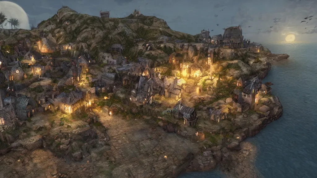 Prompt: A medieval fantasy village on the side of a cliff by the ocean , crescent moon, light glowing from windows at night realistic concept art unity engine raytracing 8K