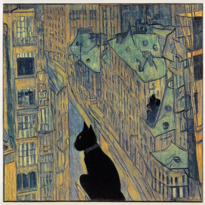 Image similar to city seen from a window frame. fuzzy black cat. henri de toulouse - lautrec, utamaro, matisse, felix vallotton, monet