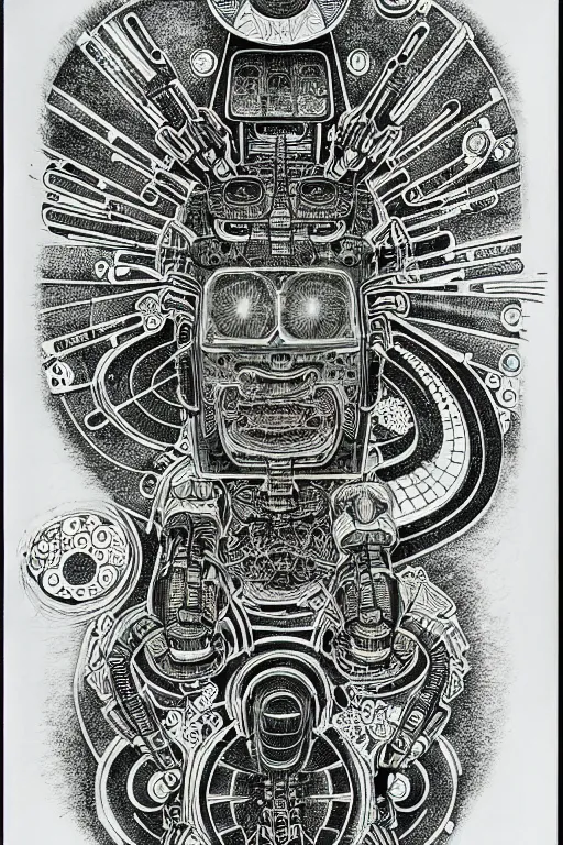 Image similar to a black and white drawing of futuristic ancient japanese temple mech, bioluminescence, a detailed mixed media collage by eduardo paolozzi and ernst haeckel, intricate linework, sketchbook psychedelic doodle comic drawing, geometric, deconstructivism, matte drawing, academic art, constructivism
