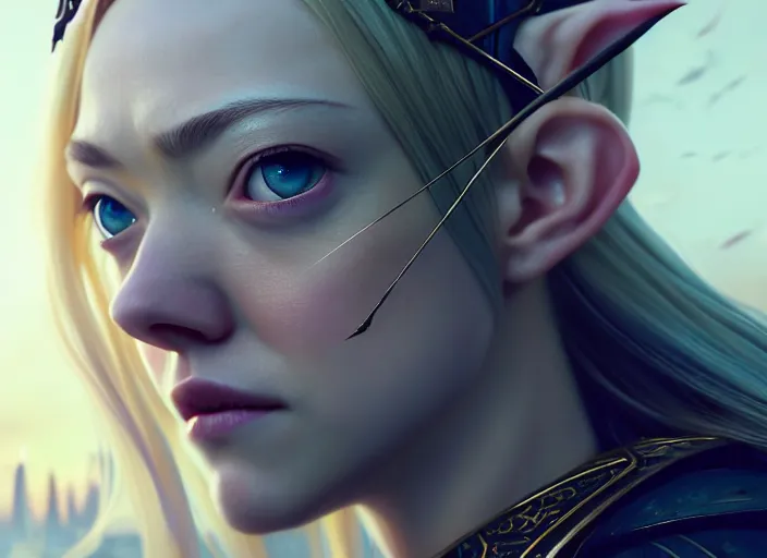 Image similar to a film still portrait of amanda seyfried elven archer, finely detailed features, closeup of face, cinematic lighting, perfect art, night cyberpunk city, intricate, anime, gapmoe grimdark, artstation, trending on pixiv fanbox, painted by greg rutkowski makoto shinkai takashi takeuchi studio ghibli, akihiko yoshida, 4 k