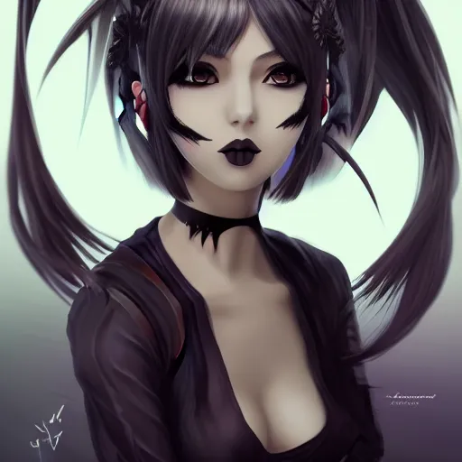 Image similar to front-facing headshot of a young gothic anime woman with black hair and golden highlights, wearing pretty makeup, drawn by WLOP, by Avetetsuya Studios, anime drawing, trending on artstation