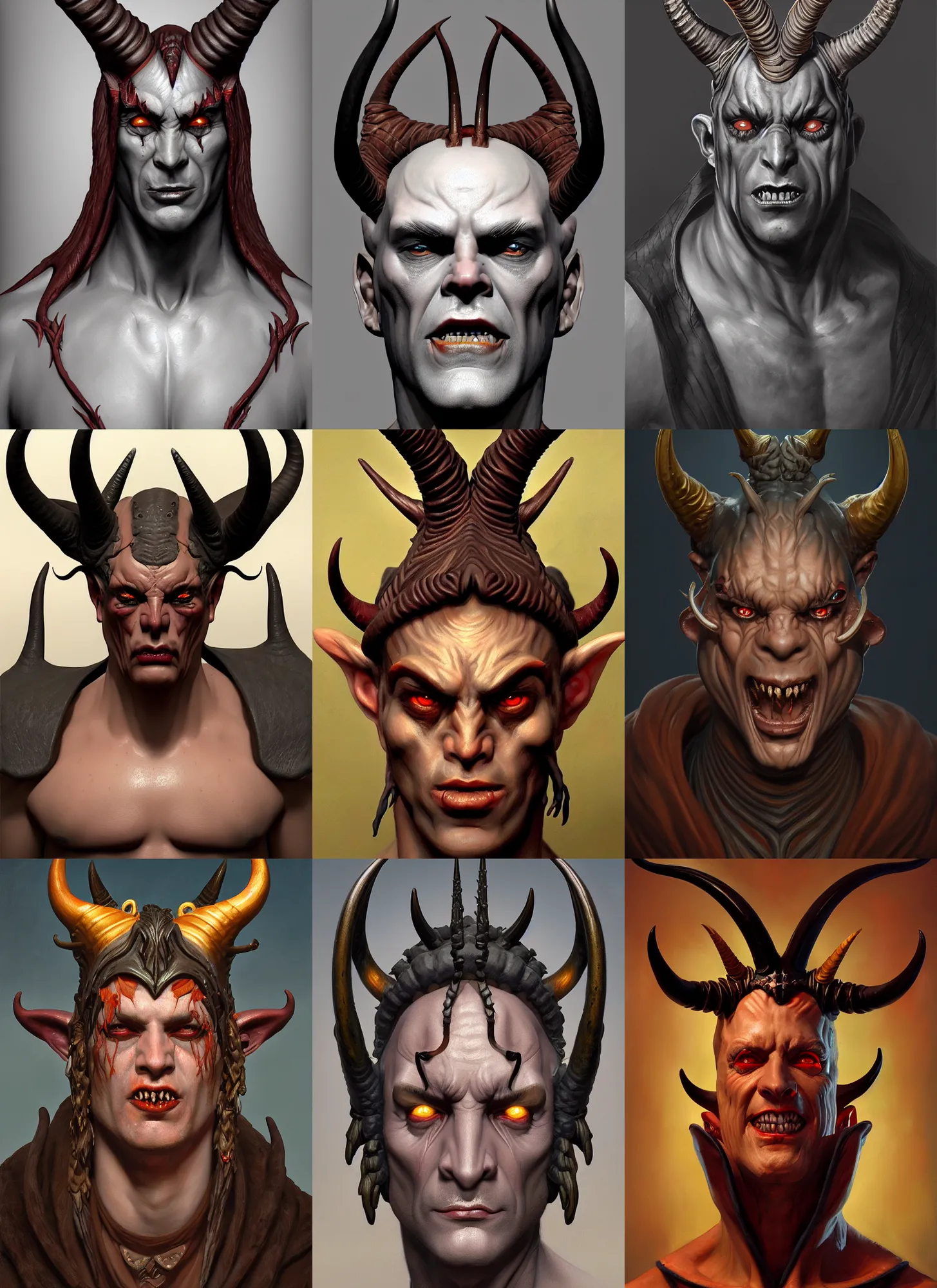 Prompt: a painting of a demon with horns on his head, a character oil on canvas portrait by gerald brom, zbrush central contest winner, fantasy art, polycount, grotesque, artstation hq
