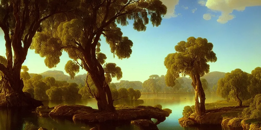 Image similar to landscape painting of a old blue gum tree next to a meandering river by alexei savrasov and thomas cole, mid day sun, artstation