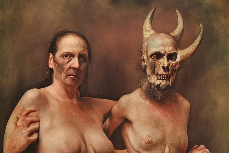 Image similar to full color joel peter witkin photo of the devil, annie liebovitz, bosch, odd nerdrum