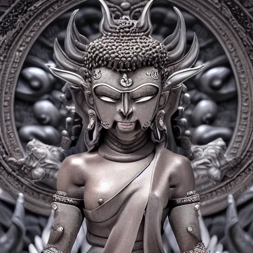 Image similar to naraka buddhist demon korean female, highly detailed, symmetrical long head, smooth marble surfaces, detailed ink illustration, raiden metal gear, cinematic smooth stone, deep aesthetic, concept art, post process, 4 k, carved marble texture and silk cloth, latex skin, highly ornate intricate details, in the style of 8 8 grzes