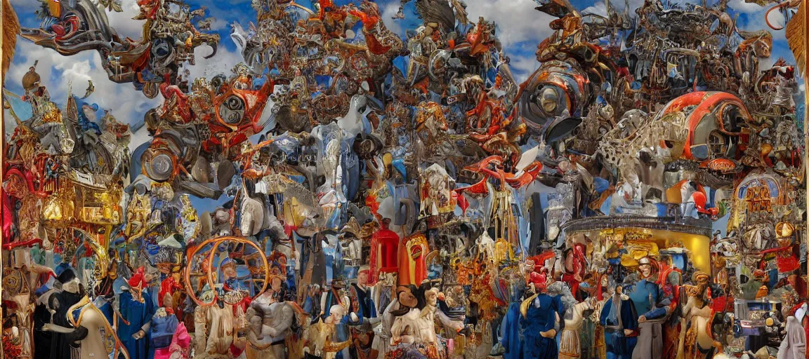 Image similar to mechanical angels descend from heaven in the middle of a small town during a carnival, surreal, quirky, highly detailed, colorful, dramatic, by h. r. van dongen, by wojtek siudmak, by jan van eyck, by frank r. paul - h 5 1 2