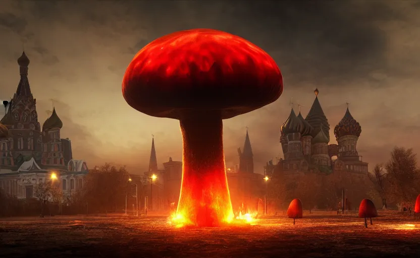 Image similar to ultra realistic wide shot of a big nuclear explosion with realistic nuclear mushroom in Red Square Kremlin, dark atmosphere, extremely high detail, photo realistic, cinematic lighting, post processed, artstation, matte painting, unreal engine 5, 8k