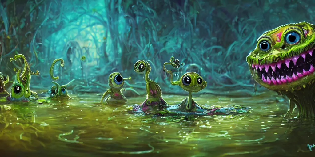 Prompt: of an intricate murky colorful swamp with strange cute friendly happy creatures with huge eyes, long tongue, round teeth and funny face appearing from the water, in the style of craola, macro lens, shallow depth of field, highly detailed, digital painting, trending artstation, concept art, illustration, cinematic lighting, vibrant colors, photorealism, epic, octane render