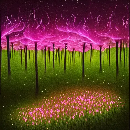 Prompt: field of luminescent pink and blue mycena fungi, emitting spore clouds, midnight, moonlight, fantasy art, mysterious, magical, hyperrealistic, detailed, soft lighting, fireflies