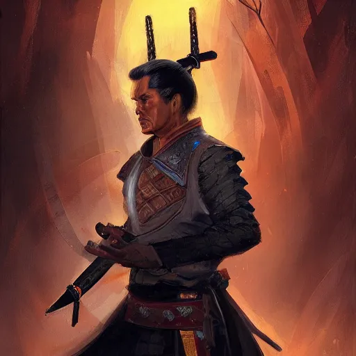 Image similar to lee majors as an samurai, backround dark, highly detailed, digital illustration, trending in artstation, modern painting, smooth, sharp focus, intricate, by peter mohrbacher