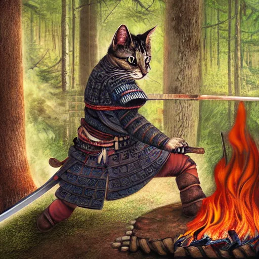 Prompt: samurai anthropomorphic cat sharpening a sword near a fire in the woods, photorealistic, intricate, highly detailed, smooth, sharp focus, digital painting,