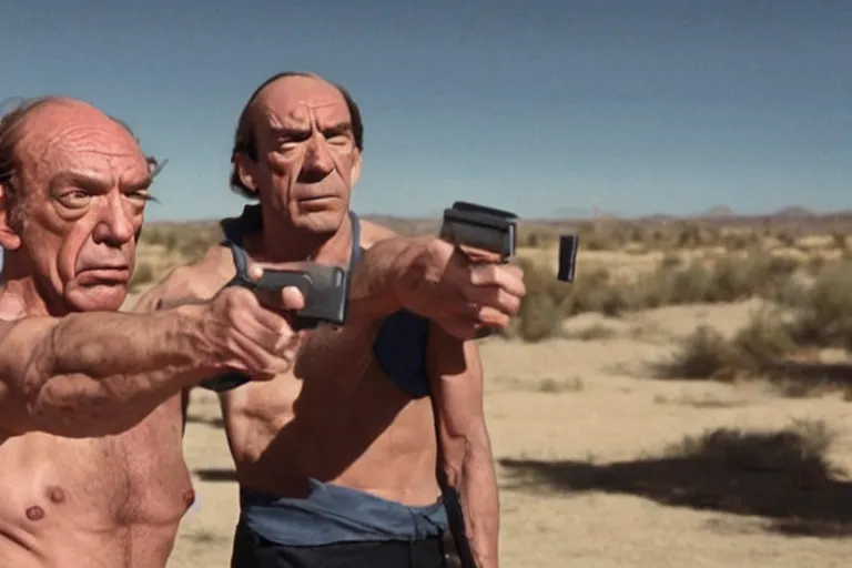 Image similar to extremely muscular Hector Salamanca shooting Saul Goodman, movie still, photorealistic, clean composition, real shot