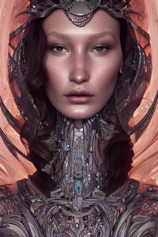 Image similar to a highly detailed portrait of a beautiful alien goddess bella hadid in iris van herpen dress in diamonds in style of alphonse mucha art nuvo trending on artstation made in unreal engine 4