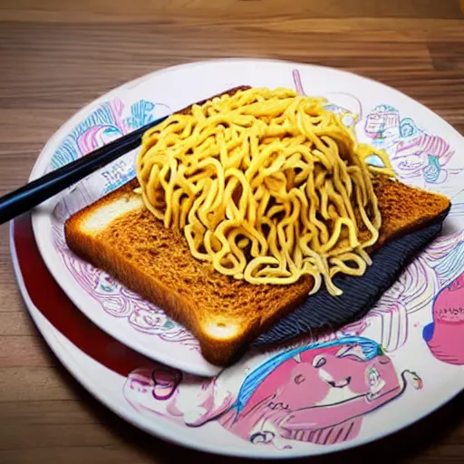 Image similar to obese cat sitting in behind a plate of indomie mi goreng noodles on toast, traditional artstyle