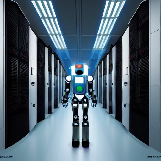 Prompt: a digital art of robot power armor in server room in style of space odyssey character design, robot in data center, trending on artstation, 8 k, ultra wide angle, zenith view, pincushion lens effect