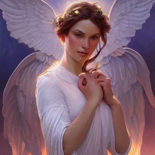 Prompt: portrait of a beautiful angel, fantasy, highly detailed, digital painting, artstation, concept art, smooth, sharp focus, illustration, art by artgerm and greg rutkowski and alphonse mucha