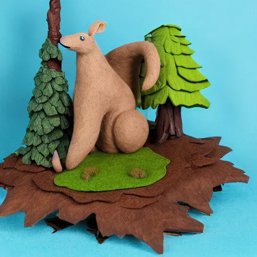 Image similar to high - res photograph of a claymation sculpture action figure cute fluffy critters, highly detailed sculpey diorama, forest setting, waterfall backdrop, realistic materials, wood, felt, cloth, burlap, smooth, sharp foccus, commercial product photography,