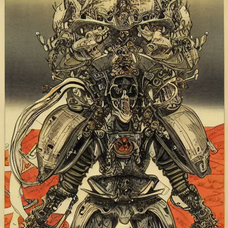 Image similar to still frame from Prometheus by Utagawa Kuniyoshi, lich king Dr doom in ornate bio cybernetic bone armour and skull mask helmet in hells bioship by Wayne Barlowe by peter Mohrbacher by Giger, dressed by Alexander McQueen and by Neri Oxman, metal couture hate couture editorial