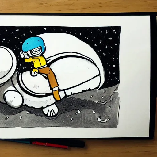 Image similar to Comic panel of a space cowboy riding a snail, (inktober), (line art), (((water color))), by Bill Waterson, By Jake Parker, (by Morris)