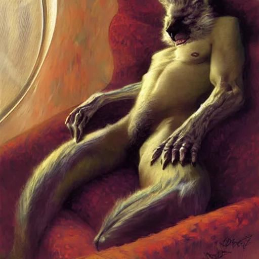 Prompt: a portrait of a furry alien human hybrid sleeping on the couch. highly detailed painting by gaston bussiere, craig mullins, j. c. leyendecker, furry