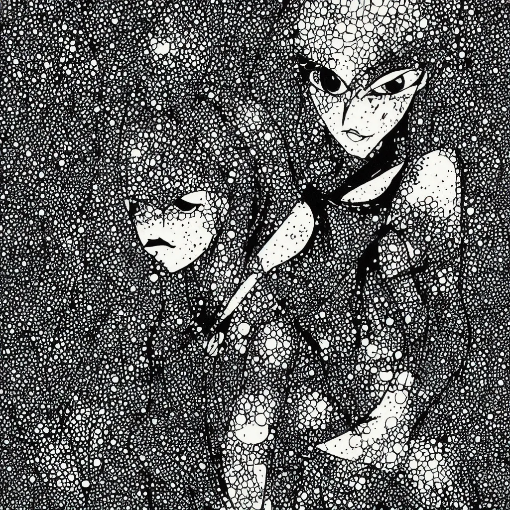 Image similar to woman, abstract, jet set radio artwork, ryuta ueda artwork, hylics artwork, ink, asymmetry, stipple, lines, stippling, crosshatching, linework, dark, ominous, eerie, hearts, minimal, points, technical, natsumi mukai artwrok, tight